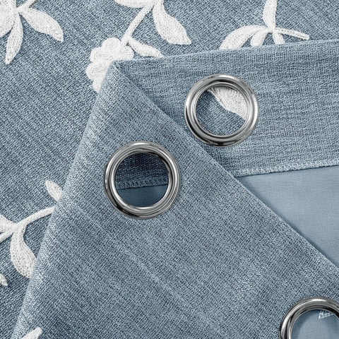 Melodieux Flower Embroidery Linen Blackout Blue Curtains for Living Room Bedr...