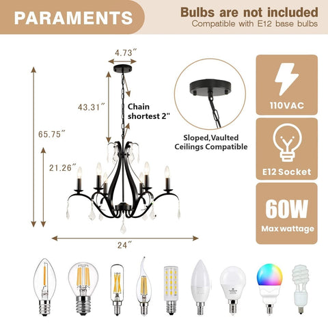 Black Chandelier 24" Dia, 6-Light Modern Farmhouse Chandelier with K9 Crystal...