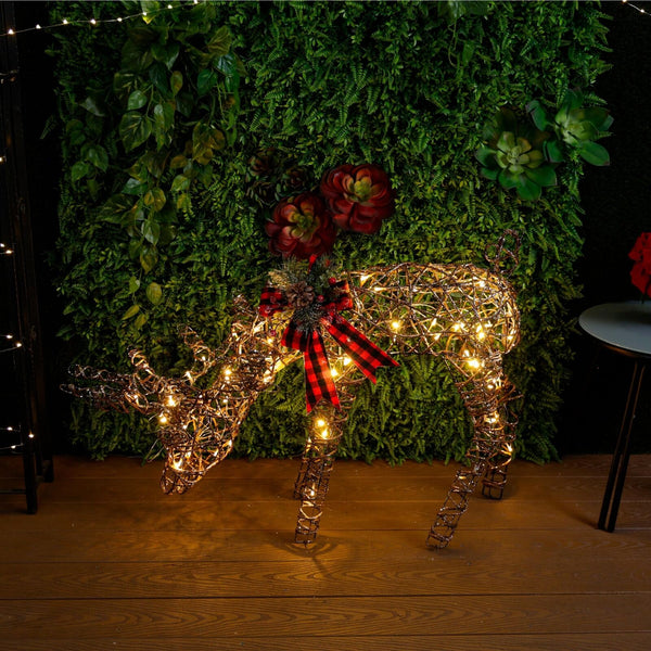 Rattan Grazing Reindeer with Bow and LED Lights D&#233;cor 27" H - Reindeer w/ L