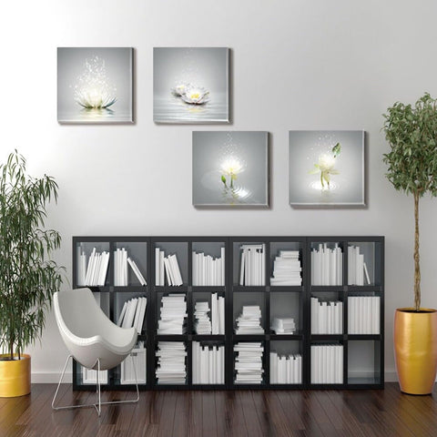 Flowers Wall Art White Elegant Floral Canvas Art Print Blooming Lotus Picture...