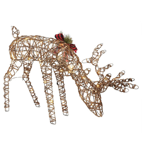 Rattan Grazing Reindeer with Bow and LED Lights D&#233;cor 27" H - Reindeer w/ L