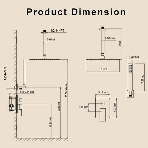 Ceiling Mount Shower Faucet Set, Gold Shower System with 10-Inch Rain Shower ...