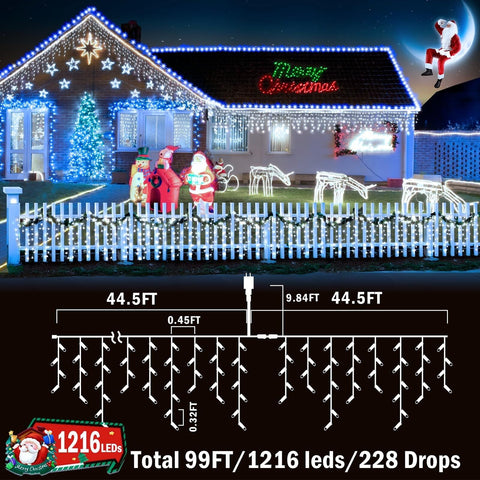 KNONEW 99FT 1216 LED Christmas Lights Outdoor Decorations 8 Modes White Curta...