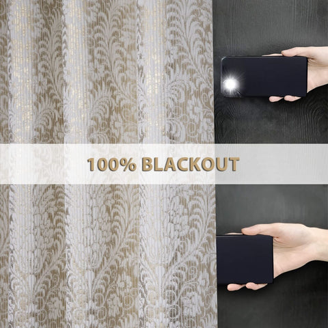 always4u 100% Blackout Damask Foil Print White and Gold Ridged Velvet Curtain...