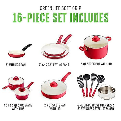 GreenLife Soft Grip Healthy Ceramic Nonstick 16 16 Piece Cookware Set, Red