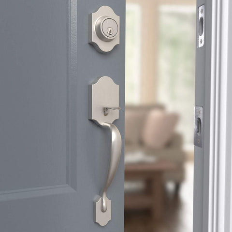 Amazon Basics Handleset with Shelby Lever - Single Cylinder Packs, Satin Nick...