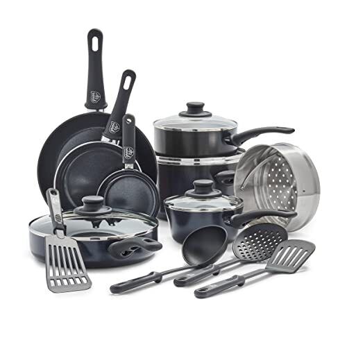 GreenLife Soft Grip Healthy Ceramic Nonstick 16 16 Piece Cookware Set, Black