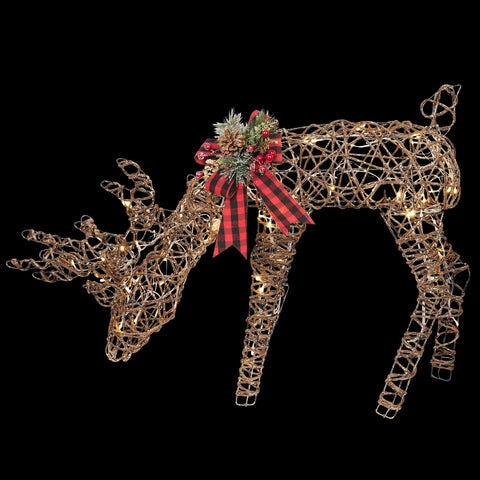 Rattan Grazing Reindeer with Bow and LED Lights D&#233;cor 27" H - Reindeer w/ L