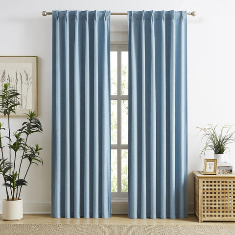 MAIHER Dusty Blue Full Blackout Linen Pleated Curtains 120 Inches Extra Long,...