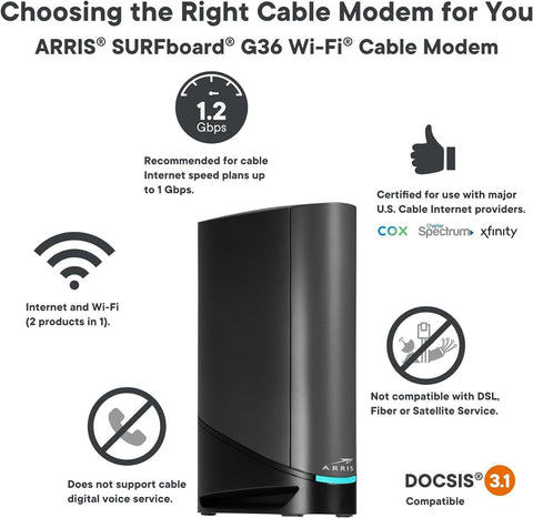 ARRIS Surfboard G36 DOCSIS 3.1 Multi-Gigabit Cable Modem & AX3000 Wi-Fi...