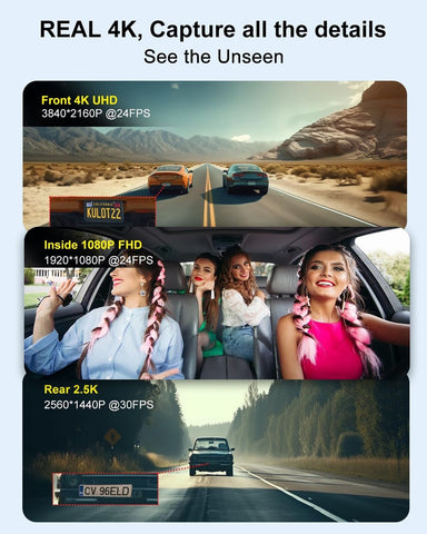 Dash Cam Camera For Cars Dashcam - Lehwey 3 Channel 4k 2160P+1440P+1080P Dash...