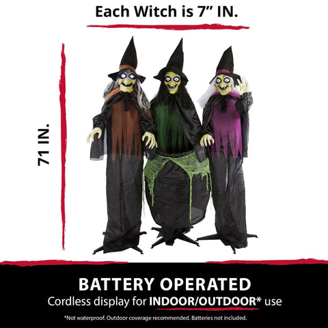 Haunted Hill Farm Life-Size Scary Talking 3 Witches with Cauldron Halloween A...