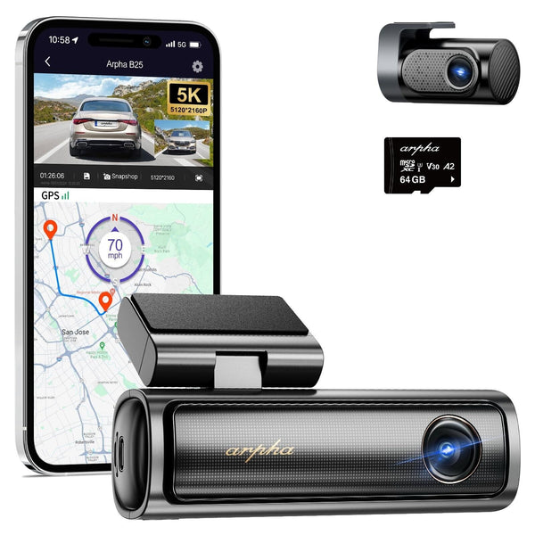 B25 5K Dash Cam with 5G WiFi 64GB SD Card, ADAS Dash Cam Front and Rear GPS, ...