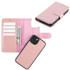 Full Grain Leather Wallet Case for iPhone 14 Detachable Magnetic Flip Cover w...