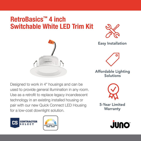 Juno RB4 SWW5 CP6 MW M2 RetroBasics Downlight Trim Kit, Switchable LED White,...