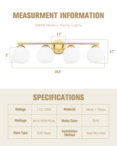 Emak Modern Gold Bathroom Light Fixtures Over Mirror, 4 Light Bathroom Vanity...