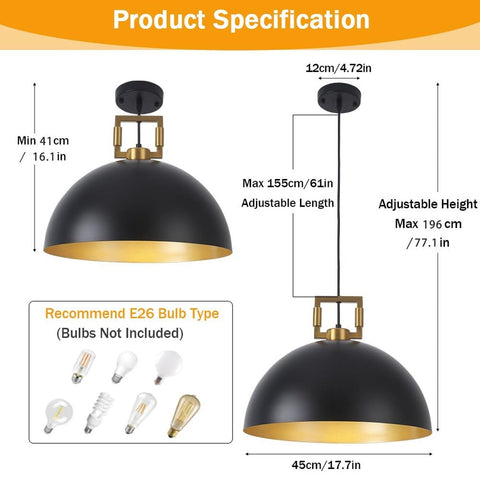 Vintage Dome Pendant Light, 17.7 inch Black and Gold Pendant Light Fixtures, ...