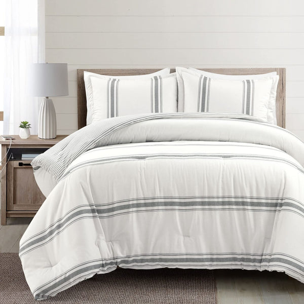 Lush Decor Farmhouse Stripe Reversible Cotton Comforter Set - 3 Piece Cozy Pi...