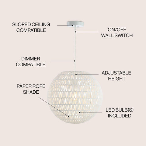 JONATHAN Y JYL6503A Luna 15.7" Woven Rattan Orb LED Pendant Minimalist Modern...