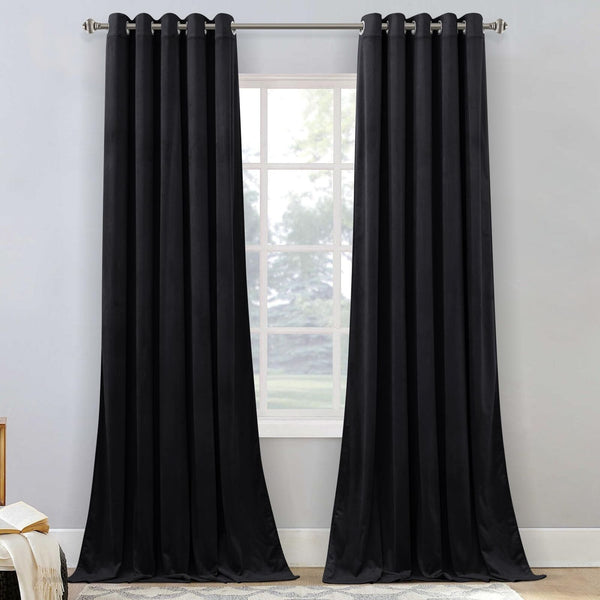 StangH Black Blackout Curtain Panels for Living Room Velvet Grommet Heat Insu...