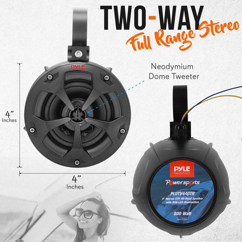 Pyle 2-Way Dual Waterproof Off-Road Speakers - 4" 800W Marine Grade Wakeboard...