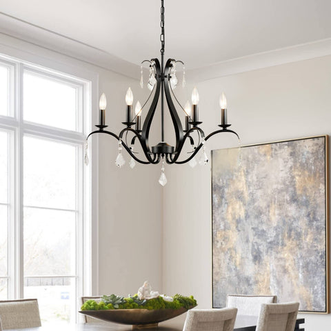Black Chandelier 24" Dia, 6-Light Modern Farmhouse Chandelier with K9 Crystal...