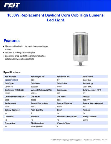 Feit Electric C20000/5K/LED 1000 Watt Equivalent 1 Count (Pack of 1), 5000k