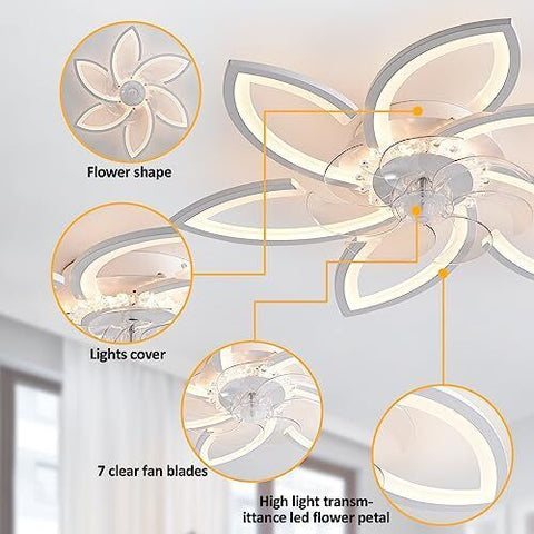 30" Modern Ceiling Fan with Lights Remote 30, White - 6 Flower Petals