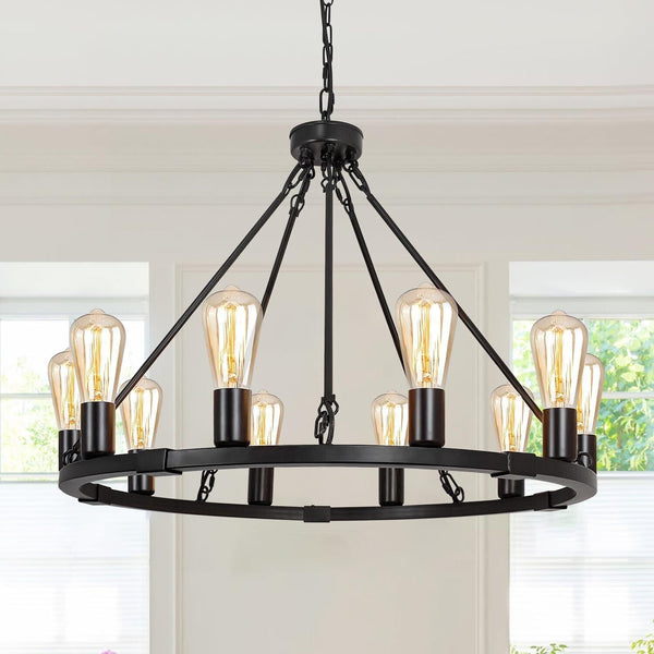 Black Wagon Wheel Chandelier, 10 Lights Farmhouse Ceiling Hanging Chandeliers...