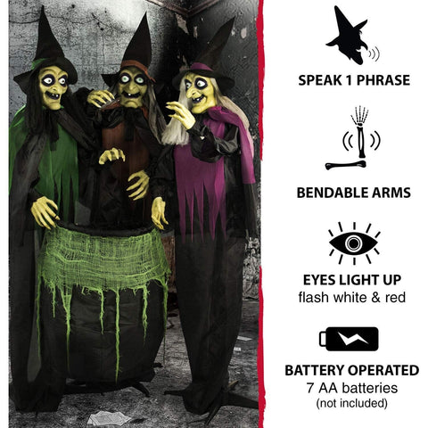 Haunted Hill Farm Life-Size Scary Talking 3 Witches with Cauldron Halloween A...