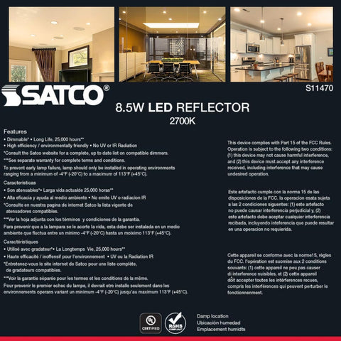 Satco S11470; Wide Range LED Reflector 8.5BR30/LED/827/120V/6PK; 8.5 Watt; BR...