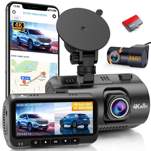 Smart Dash Cam GPS APP: 4K 2160P USB Easy Install 5G WiFi Front Rear Car Came...