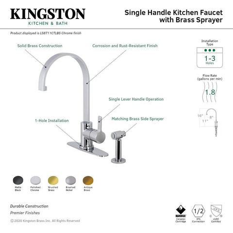 Kingston Brass LS8713CTLBS Continental Kitchen Faucet, Brushed Brass 9.81 x 8...