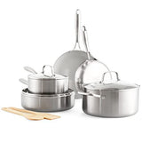 GreenLife Tri-Ply Stainless Steel 10 Piece Cookware Pots and Pans Set, Silver