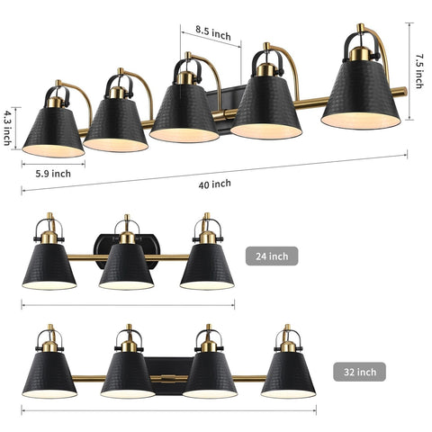 PAZALA 5-Lights Black Gold Vanity Light- Modern Bathroom Vanity Lights Over M...