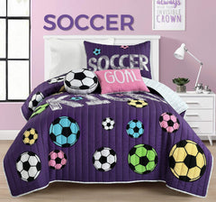 Lush Decor Girls Soccer Bedding - 4 Piece Quilt Set, Twin, Purple