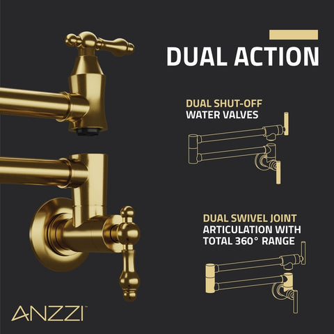 Anzzi Wall Mount Pot Filler Faucet, Double Joint Swing Arms, Single Hole, Sol...