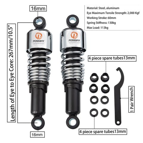 Possbay Motorcycle Shock Motorcycle Rear Shock 10.5"/267mm Universal Rear Sus...