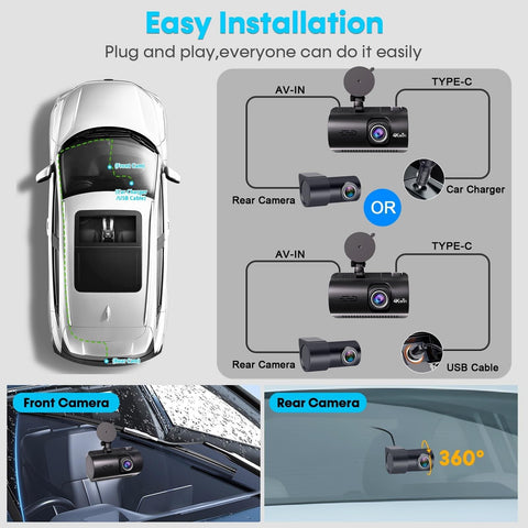 Smart Dash Cam GPS APP: 4K 2160P USB Easy Install 5G WiFi Front Rear Car Came...