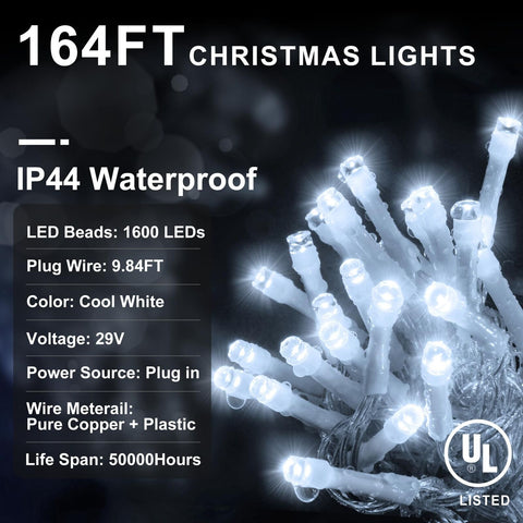 KNONEW 164FT 1600 LED Christmas Lights Outdoor Decoration White Timer 8Modes ...