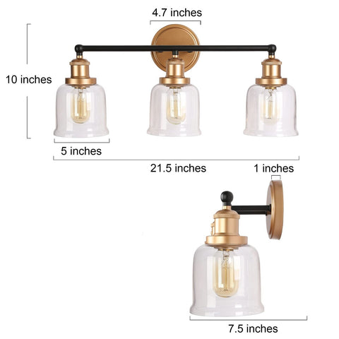 Durent Lighting Modern Bathroom Light Fixtures, 3-Light Black and Gold Bathro...