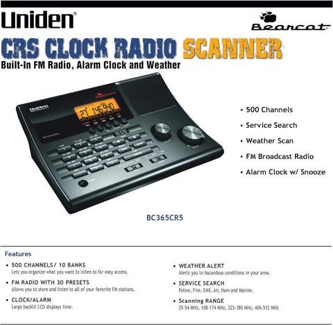 Uniden BC365CRS 500 Channel Scanner and Alarm Clock with Snooze, Sleep, Black