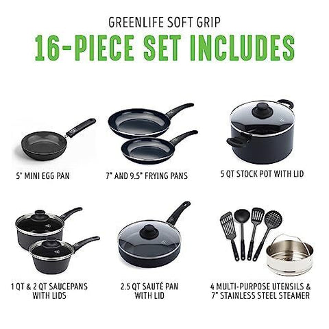 GreenLife Soft Grip Healthy Ceramic Nonstick 16 16 Piece Cookware Set, Black