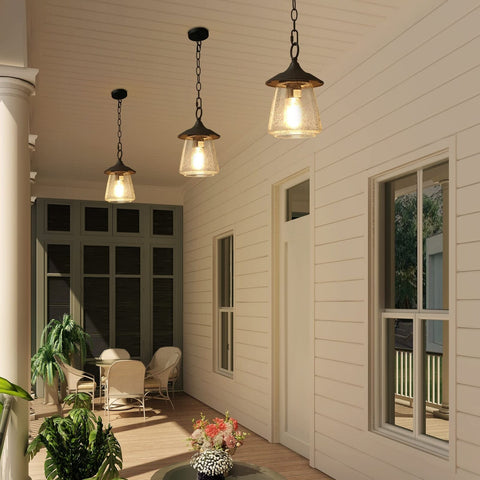LOG BARN Outdoor Pendant Lights, Porch Fixture in Painted Black Metal with Cl...