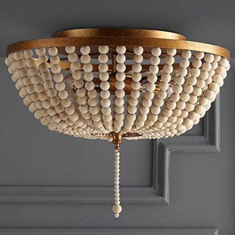 JONATHAN Y JYL9019A Allison 15" Wood Beaded/Metal LED Flush Antique Gold