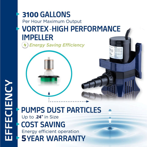 Alpine Corporation 3100 GPH Submersible Water Pump with 33 FT Cord and Adapte...