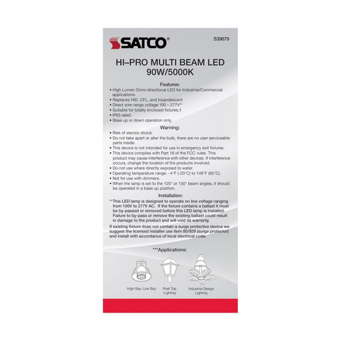 Satco S39752 Hi-Pro Multi-Beam LED Lamp, EX39 Base, 60 Watts, 5000K 5000k White