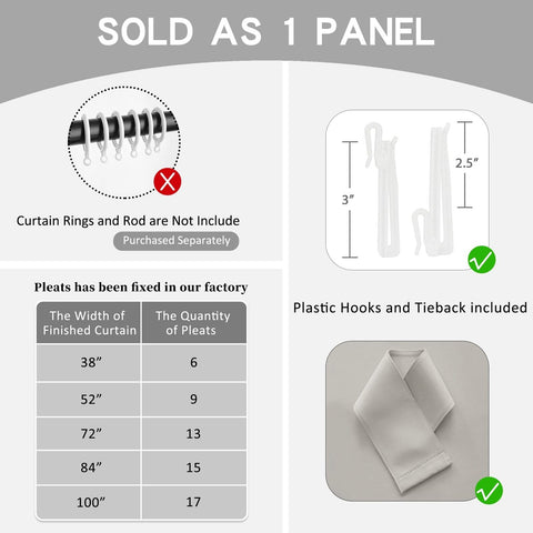 Blackout Pinch Pleat Curtain 108 Inches Long, Pleated Drape with Tieback for ...