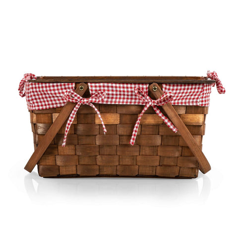 Kansas Handwoven Wood Picnic Basket Red & White Gingham Pattern