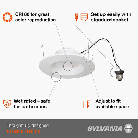 SYLVANIA 5&#8221;/6" LED Recessed Lighting Downlight with Trim, Dimmable, 9W=65W